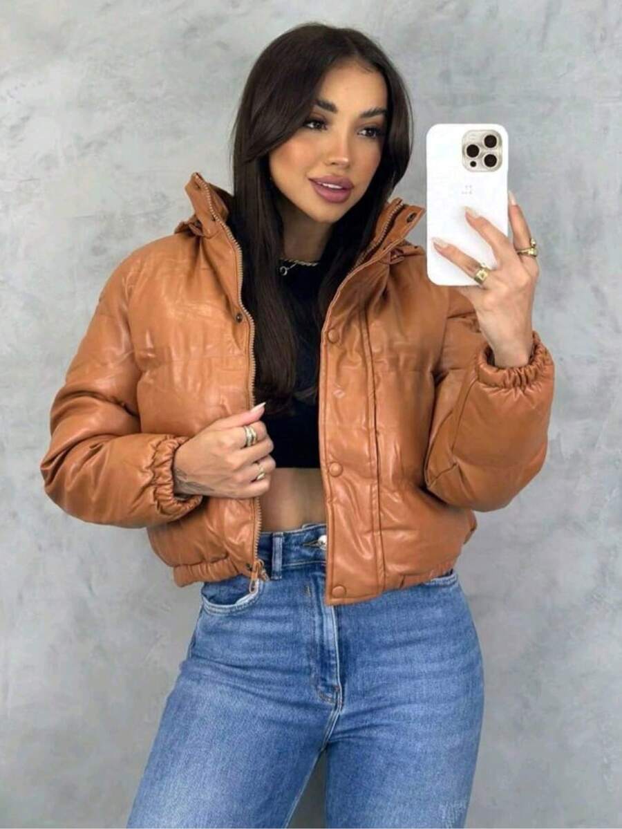 Women's Fashion Blogger Zipper Puffer Leather Jacket Thick And Lined - Merah tua - View 1