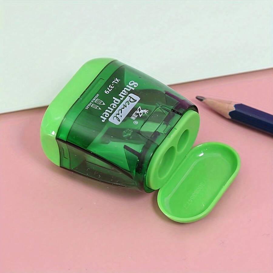 1pc Cartoon Dual Hole Pencil Sharpener, Green - Convenient Everyday Pencil Sharpener Back To School - Green - View 1