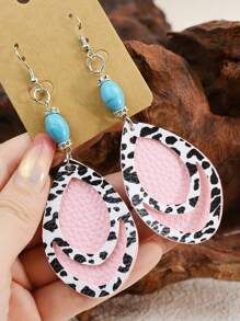 1 Đôi Bông Tai Da Báo & Họa Tiết Bohemian Có Điểm Nhấn Màu Ngọc Lam, Bông Tai Lủng Lủng Nhẹ Phong Cách Phương Tây Dành Cho Nữ - bông tai da - Xem 12