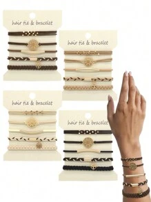 5件套波西米亚风女士弹力手镯发圈，马尾辫发圈，编织发圈，五种用途时尚发圈和手镯发圈，马尾辫发圈，发圈，橡皮筋，发绳，发饰，发饰，弹力发带 - 彩色 - 查看 1