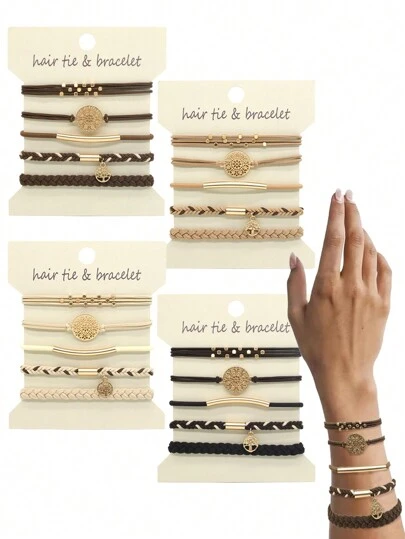 5pcs/Set Bohemian Style Women Elastic Bracelet Hair Tie, Ponytail Holder Braided Hair Ties, 5-Way Multifunctional Fashion Hair Tie & Bracelet Hair Ties Ponytail Holders Hair Elastics Hair Rubber Bands Scrunchies Hair Rope, Hair Bobbles Hair Accessories Head Accessories Elastic Band