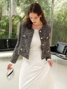 Vestido midi de unicolor de manga larga con hombros descubiertos, otoño e invierno - Blanco - Ver 3