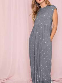 Boho Retro Polka Dot Rayon Mix Casual  Maxi Dress With Folded Cap Sleeve Side Pockets Versatile Summer Dress For Women - Than - Xem 4