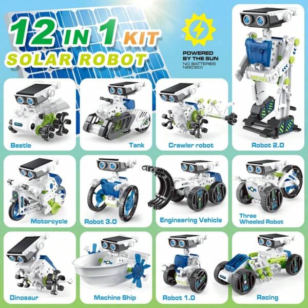 ソーラー式ロボットブロック玩具12種類1箱入り、DIY プログラミング可能、組立 教育的STEMおもちゃ、クリスマスプレゼント'