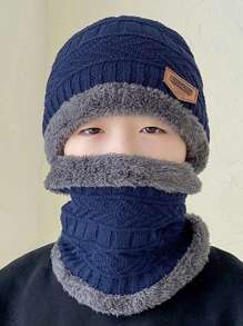 1 件温暖时尚舒适的冬季无檐小帽和围巾套装，适合男孩和女孩在冬季使用。 - 黑色 - 查看 11