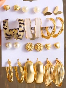 12pcs Fashionable And Simplified Faux Pearl & Rhinestone & Oil Drop Detail Geometric Metallic Earrings For Women's Holiday, Party And Daily Wear - One size fits all - View 3