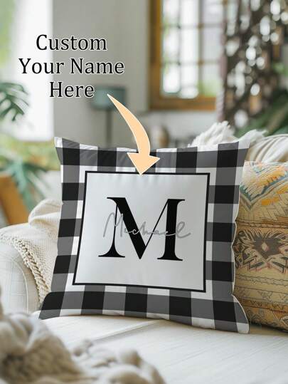 1pc Personalized Black And White Plaid Text Print Cushion Cover, Personalized Pillow Sham Wedding Couple Souvenir, No Filling, Birthday Gift, Best Friend Gift, Gift For Mom/Dad,Breathable,Lightweight,Washable,Funny,Cute,Love,Soft,Comfortable,Elegant,Simple,Custom,Personalized,Unique,Ideal Gifts For Him,Ideal Gifts For Her,Him,Her,Boyfriend,Girlfriend,Dad,Mom,Family,Friends,For Anniversaries,For Mother's Day,For Birthdays,For Valentine's Day,For Graduation,For Father's Day,For Weddings,For Housewarming,Sofa,Bed,Car,Tea Room,Bedroom,Bathroom,Living Room,Dining Room,Customized Cushion Covers,Warm Ambience,Christmas Gift Supplies