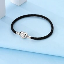 Neue 925 Sterling Silber Armband mit Herzschnalle, Schlangenkette, CZ, schwarzem Leder für Damen, DIY Charm, Anhänger, Perlen, Schmuckgeschenk