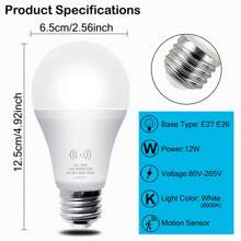 2 Packs Dusk To Dawn Motion Sensor LED Light Bulb, 60/80 Watt Equivalent, Energy Efficient 9W/12W, E26 E27 Base, Daylight White 6500K, Non-Dimmable