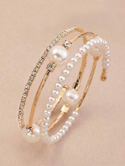 1pc Exquisite Pearl & Rhinestone Decor Bangle Bracelet For Girls