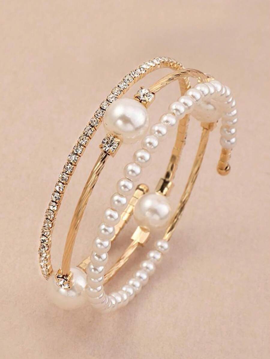 1 pieza Pulsera exquisita con decoración de perla y rhinestone para niñas - Dorado - Ver 1
