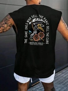 男士夏季标语与花卉印花圆领无袖背心 - 黑色 - 查看 1