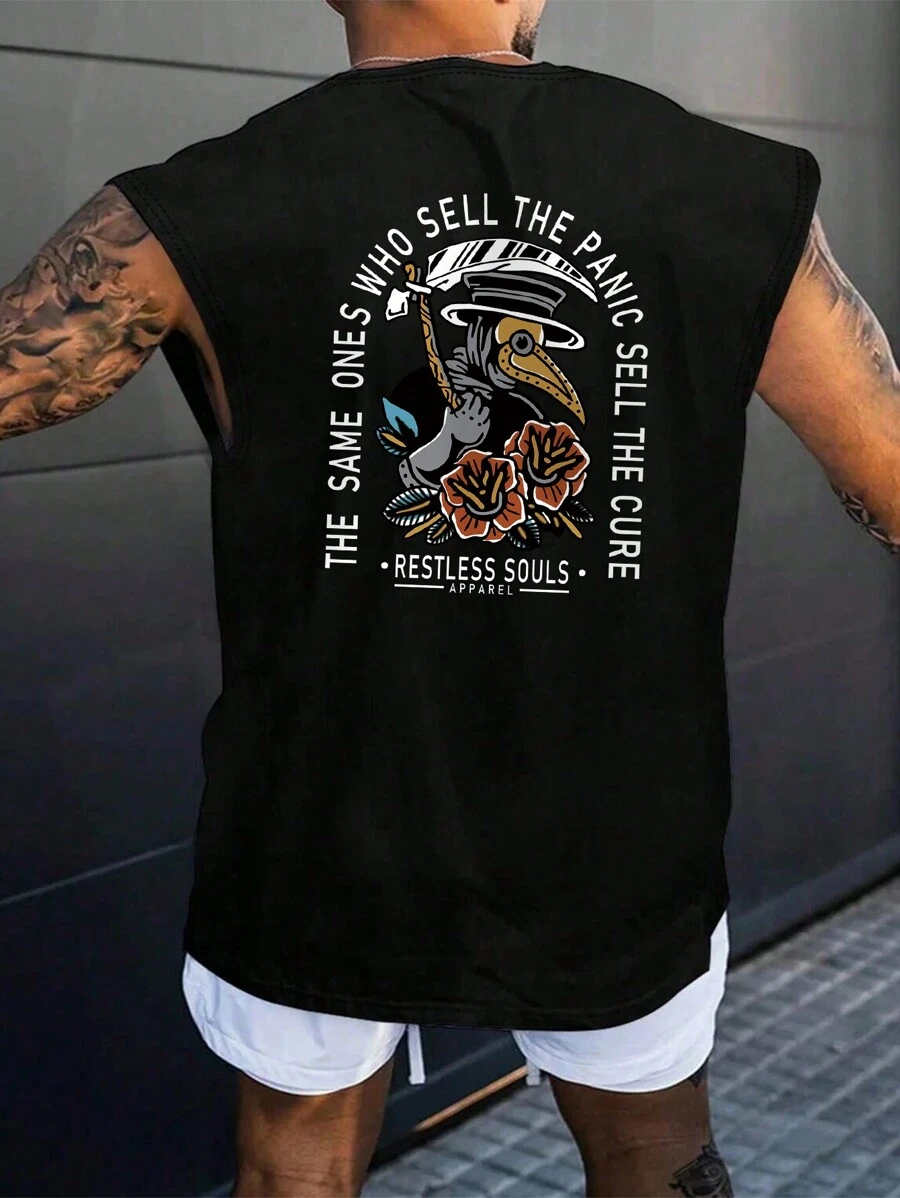 男士夏季标语与花卉印花圆领无袖背心 - 黑色 - 查看 1