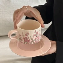 French Vintage Pink Ceramic Coffee Cup And Saucer Set, Afternoon Tea Flower Tea Cups, Exquisite High-End Ceramic Mugs Back To School
