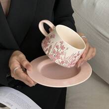 French Vintage Pink Ceramic Coffee Cup And Saucer Set, Afternoon Tea Flower Tea Cups, Exquisite High-End Ceramic Mugs Back To School