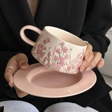 French Vintage Pink Ceramic Coffee Cup And Saucer Set, Afternoon Tea Flower Tea Cups, Exquisite High-End Ceramic Mugs Back To School