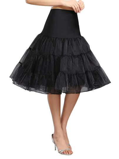 1pc Elastic Waist Knee-Length Layered Mesh Slip Dress, Vintage Style Halloween