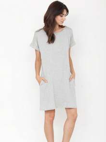 Boho Retro Rayon Cool Soft Summer Cuff Short Sleeve Crew Neck T Shirt Mini Dress Tunic With Pockets - Xám - Xem 4
