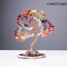 1PC Natural Crystal Lucky Tree Copper Wire Winding Colorful Gravel With Agate Slice Base Home Decoration Money Trees