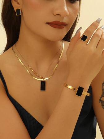 Conjunto de joyas de 5 piezas/set con collar, pendientes, brazalete y anillo, con cuentas de concha cubicas de doble capa de acero inoxidable dorado y negro, accesorios de moda y fiesta