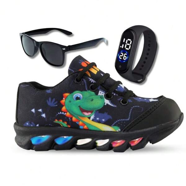 Kit Tenis de Led Infantil Masculino Dino Dinossauro + Relógio e Óculos