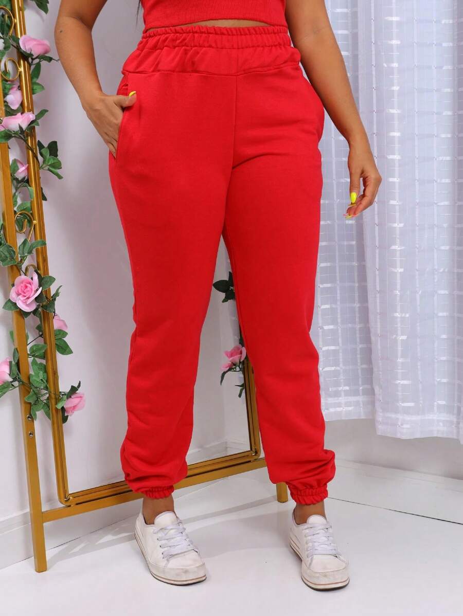 New To Shein! Jogger Pants With Elastic Waistband - Comfort And Style - 紅色 - 查看 1