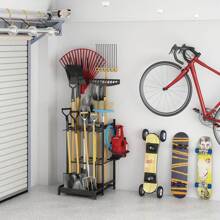 Garden Tool Organizer For Garage, Utility Storage Racks With Hooks, Metal Yard Tool Stand Holder Organizer For Long-Handled, Broom, Shovel, Rake, Sturdy Heavy Rack For Outdoor, Yard, Black, Storage Racks, Garage Organization, Outdoor Tool Rack