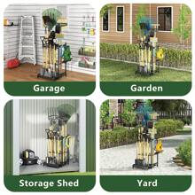 Garden Tool Organizer For Garage, Utility Storage Racks With Hooks, Metal Yard Tool Stand Holder Organizer For Long-Handled, Broom, Shovel, Rake, Sturdy Heavy Rack For Outdoor, Yard, Black, Storage Racks, Garage Organization, Outdoor Tool Rack