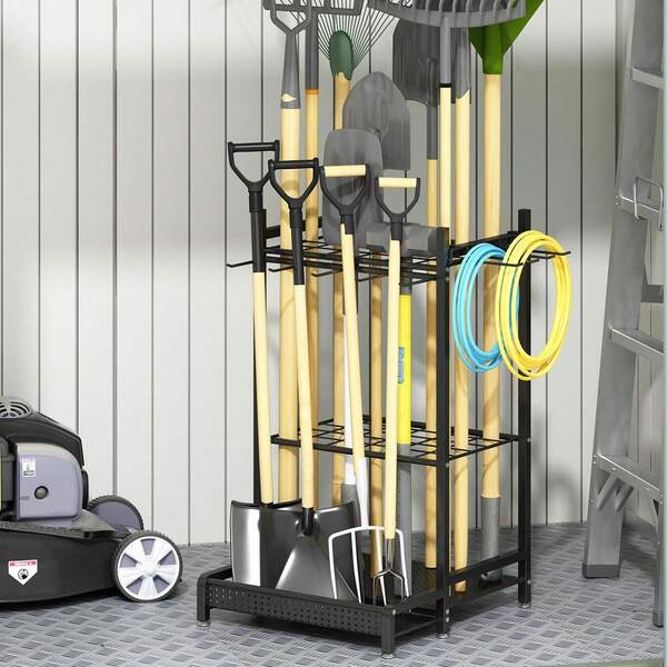 Garden Tool Organizer For Garage, Utility Storage Racks With Hooks, Metal Yard Tool Stand Holder Organizer For Long-Handled, Broom, Shovel, Rake, Sturdy Heavy Rack For Outdoor, Yard, Black