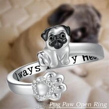 Anillo abierto creativo y lindo con diseño de pata de perro pug, accesorio de joyería exquisito de mascota cachorro apto para mujeres, niñas, regalos para la fiesta, vacaciones de la esposa - Plateado - Ver 1