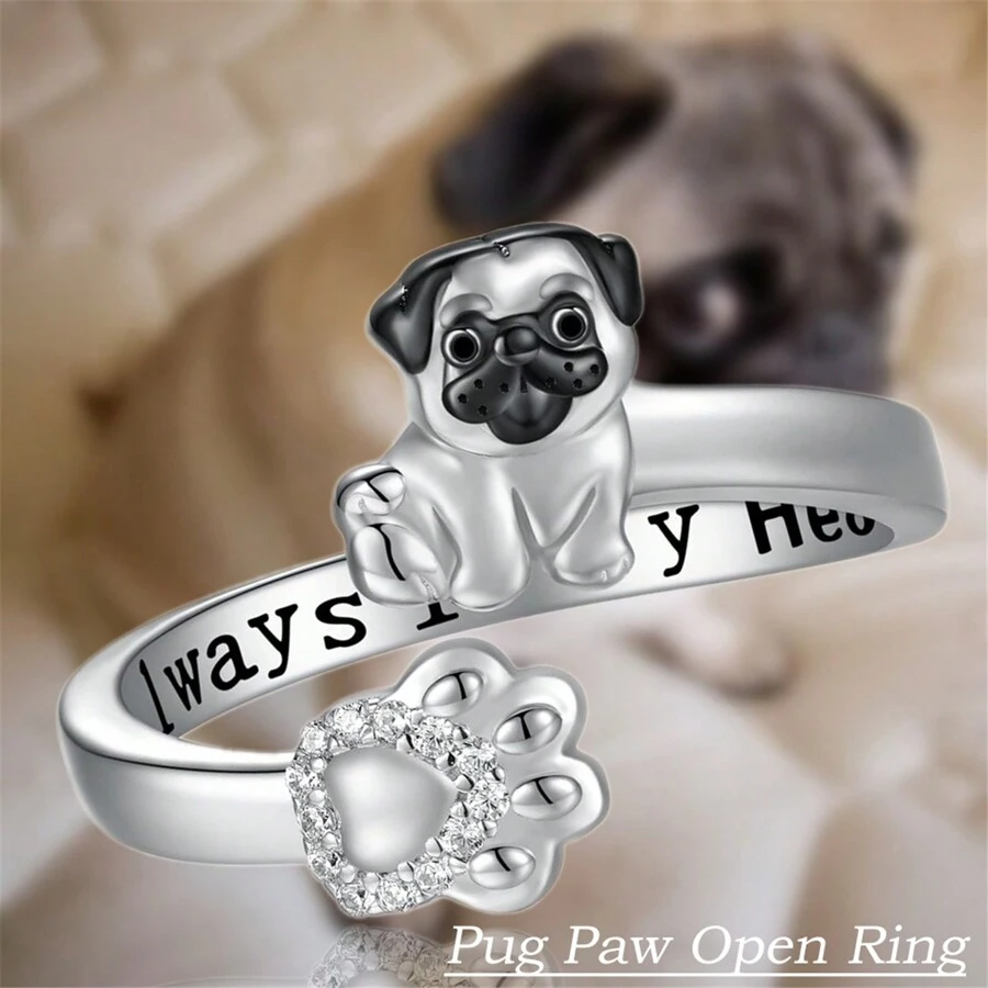 Anillo abierto creativo y lindo con diseño de pata de perro pug, accesorio de joyería exquisito de mascota cachorro apto para mujeres, niñas, regalos para la fiesta, vacaciones de la esposa - Plateado - Ver 1