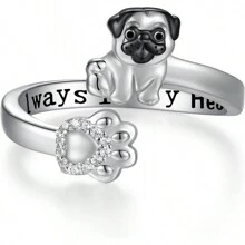 Anillo abierto creativo y lindo con diseño de pata de perro pug, accesorio de joyería exquisito de mascota cachorro apto para mujeres, niñas, regalos para la fiesta, vacaciones de la esposa - Plateado - Ver 6
