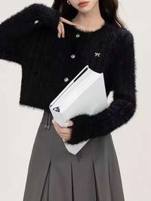 女士时尚短款保暖蝴蝶结多功能圆领长袖毛衣开衫针织外套秋冬街头潮流 - 黑色 - 查看 7