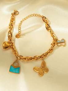 Mazuer 1 件复古镀金时尚空心圆圈、心形、蝴蝶和水钻多层手链，适合夏季海滩、日常穿着、派对、节日、毕业典礼、教师节、返校礼物 - 金黃色 - 查看 6