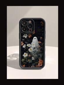 Brighten Up Your  With A Simple Anti-Shock Phone Case Featuring A Pattern Of Flowers And White Ghosts, Compatible With  11/12/13/14/15/15pro/15 Plus/15 Promax. - 黑色 - 查看 3