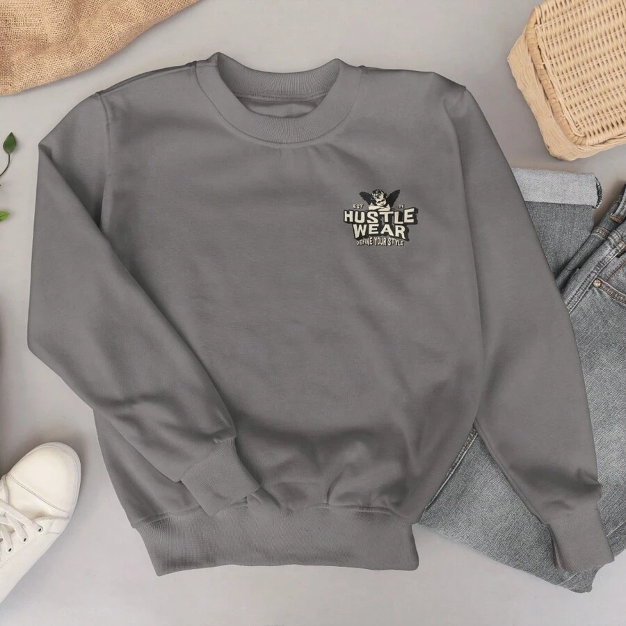 JRCONFECAÇÃO Round Neck Sweatshirt Unisex Bald Cold Blouse Women's Men's Flannel Printed Hustle Wear Cotton Coat - 深灰色 - 查看 1