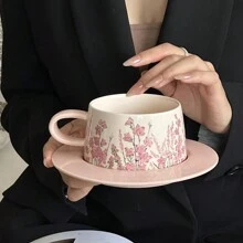 French Vintage Pink Ceramic Coffee Cup And Saucer Set, Afternoon Tea Flower Tea Cups, Exquisite High-End Ceramic Mugs Back To School