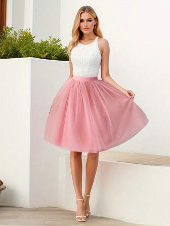 1pc Women's High-Waisted Mid-Length Solid Color Tulle Tutu Skirt With 4 Layers Of Mesh And 1 Layer Of Lining, Boneless, Suit For Wedding, Stage, Cosplay And Other Occasions, Summer Halloween Fall Clothes For Women