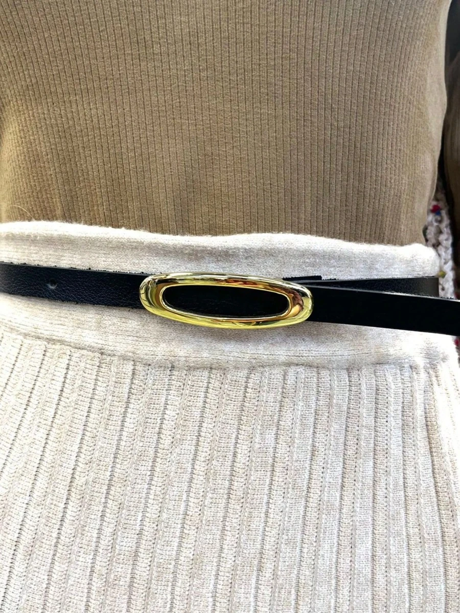 Women's Belt Golden Buckle Oval Thin Synthetic Leather High Design Modern Basic Casual Elegant Feminine Accessory - 黑色 - 查看 1