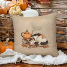1pc Autumn Leaf Cat Sleeping Pillow Case, Single-Sided Printed Peach Velvet Material, 45*45/50*50/40*40CM Cushion Cover Suitable For Modern Minimalist Sofa, Living Room Decor, Gift - Multicolor - View 1