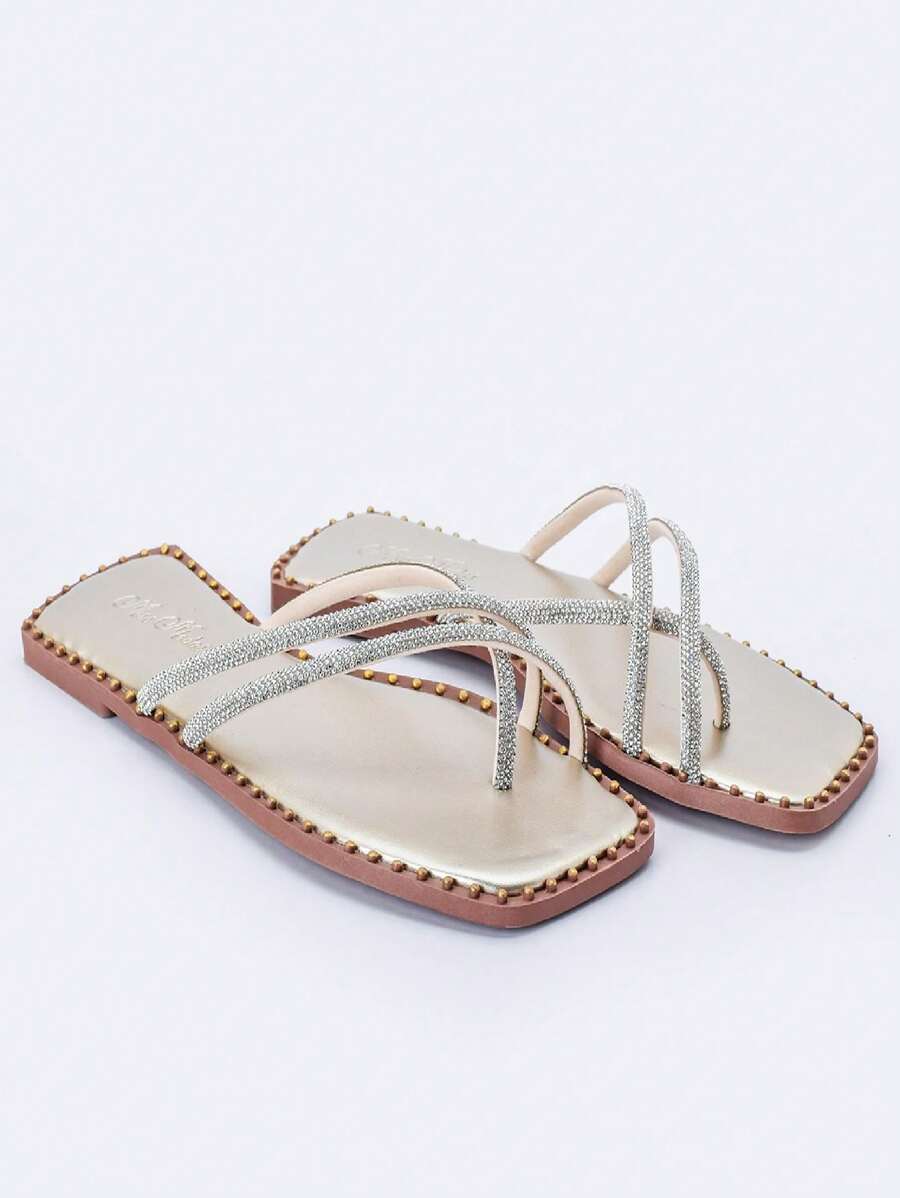 Calce Facil Women's Flat Sandal 3 Straps With Modern Rhinestones Direct From Miss Moda Factory - 金色 - 查看 1