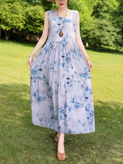 Nuovo Vestito Midi Con Stampa Casuale E Morbido Senza Maniche Per Donne