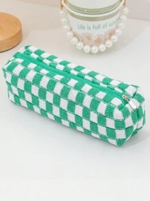 返校针织棋盘格铅笔盒化妆包，学生用简易收纳袋 - 粉色 - 查看 6