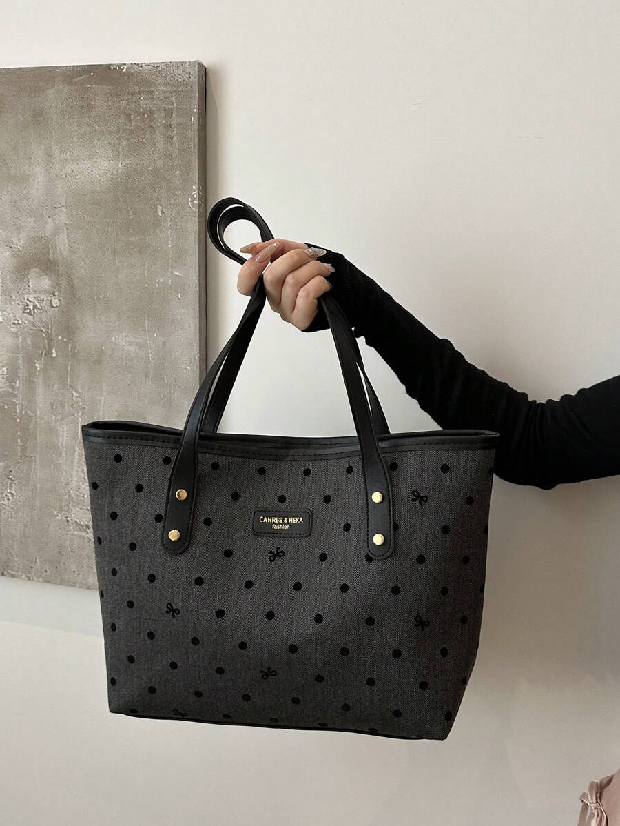 1 pezzo Borsa a tracolla nera in nylon con zip, stampa a fiocco, grande capacità, versatile, con rivetti, borsa tote alla moda con zip, borsa tote alla moda per signora