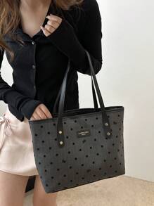 1 pezzo Borsa a tracolla nera in nylon con zip, stampa a fiocco, grande capacità, versatile, con rivetti, borsa tote alla moda con zip, borsa tote alla moda per signora