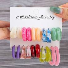5-10 Pairs Acrylic Resin C-Shape Hoop Earring Set, Exaggerated Luxurious Earring Combination - Two-color Resin Long Card - View 3