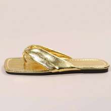 Stylish Women's Ruched Strap Flat Sandals - Open-Toe Beach Slippers With Chic Square Toe Design - Perfect For Outdoor Activities And Flip Flop Lovers! - Vàng - Xem 3