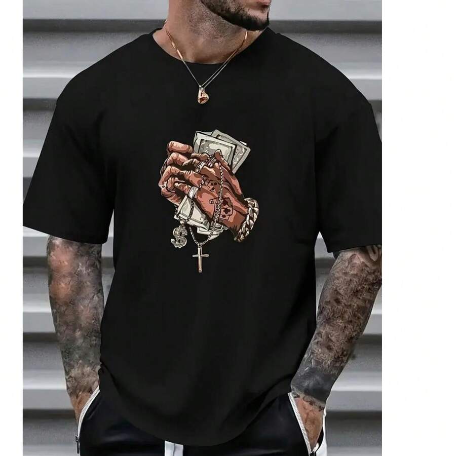 Men's T-Shirt Print Money Money Basic 100% Cotton - màu đen - Xem 1