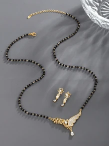 XUPING JEWELRY 1set Bohemian Style Jewelry Set, Including 1 Necklace And 1 Pair Of Earrings, Suitable For Ladies To Wear At Parties, Featuring Gold-Tone Wings And Synthetic Cubic Zirconia