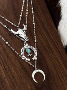 3pcs Turquoise Western Cowgirl Style Retro Bull Head Horseshoe Floral Pattern Cactus Minimalist Chain Necklace Set (Bead Chains Cut To Length, Not By Bead Count)